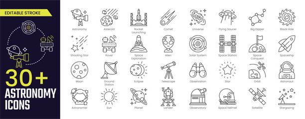 Astronomy Stroke icon collections. Containing rocket, universe, planet, space, satellite, astronomy, astronaut, star, telescope, and Moon icons. Editable Stroke icon collection Outline icon © Iconic Space