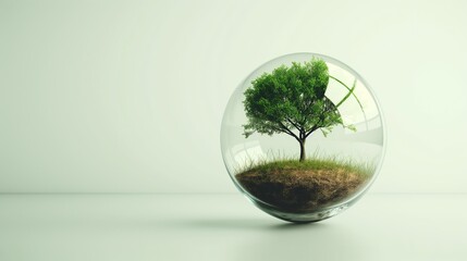 A small tree enclosed in a transparent glass vase.