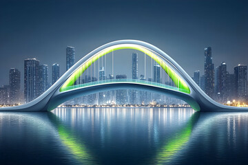 Obraz premium Futuristic arch bridge with glowing green lights spanning a city skyline at night.