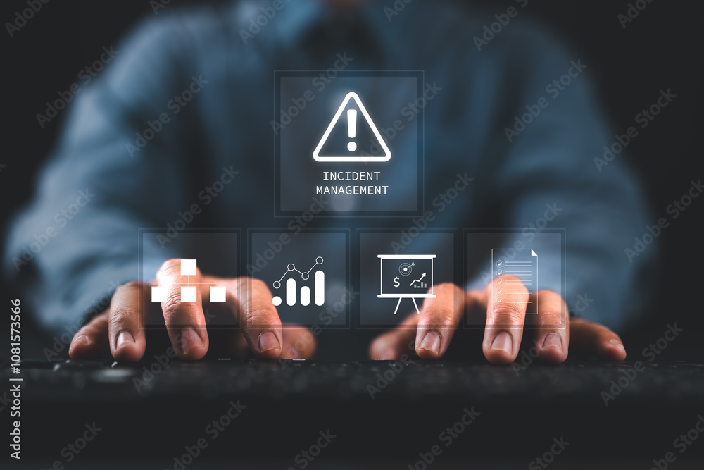 Poster incident management process business technology concept. businessman touch virtual incident manageme