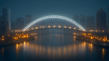 Naklejka premium Illuminated bridge over a river in a cityscape at night, with fog.