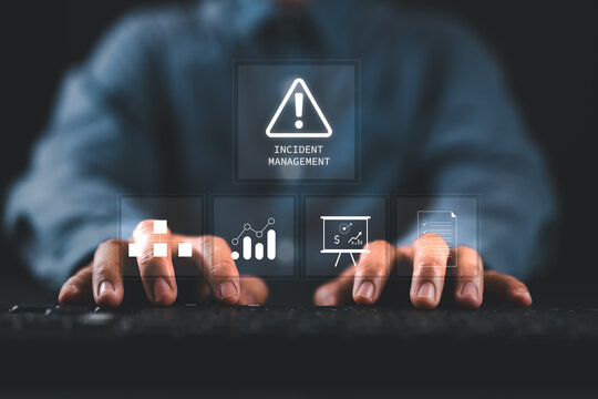 Incident management process business technology concept. Businessman touch virtual incident management word. diagnosing and resolving unexpected problems that occur.