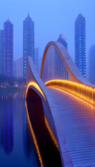 Obraz premium Modern bridge with glowing lights in a city at dusk.