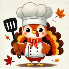 Thanksgiving cooking adventure cute cartoon turkey chef preparing feast cozy kitchen watercolor illustration whimsical style