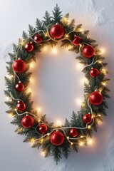 Festive Christmas wreath adorned with red ornaments and warm string lights hangs on a white wall. Oval frame made of evergreen branches. Holiday seasonal decoration for home. Banner with copy space.