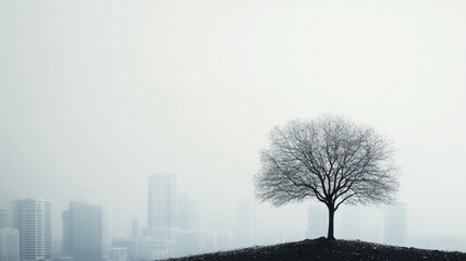 Lone tree on hilltop with cityscape in foggy background