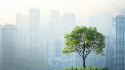 Single tree stands amidst misty urban cityscape of tall buildings