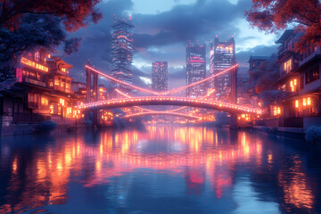 Fototapeta premium A bridge over a canal in a futuristic city with glowing lights and reflections in the water.