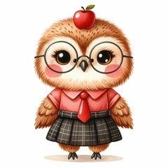 Obraz premium Cute owl character wearing glasses and a skirt classroom setting watercolor illustration whimsical environment front view educational concept