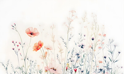 modern 2D doodle cartoon flower concept with open space for text, featuring whimsical floral and leafy elements on crisp white backgrounds.