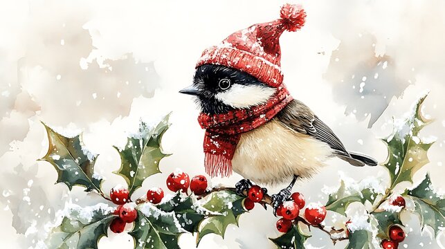 Watercolor illustration of a chickadee bird, wearing a tiny Christmas hat and scarf, perched on a snowy branch with holly leaves and berries, plain white background, soft and fluid brushstrokes,