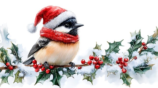 Watercolor illustration of a chickadee bird, wearing a tiny Christmas hat and scarf, perched on a snowy branch with holly leaves and berries, plain white background, soft and fluid brushstrokes,