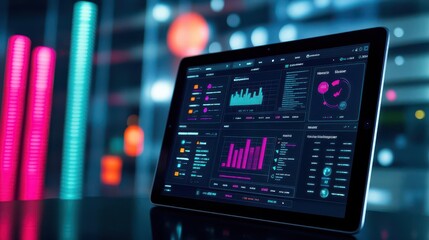 Modern tablet with ecommerce dashboard, sleek design, dark mode interface, data analytics, futuristic digital marketing concept