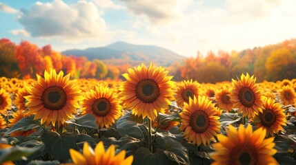 Obraz premium A field of sunflowers blooming in the sun with a mountain range in the background.