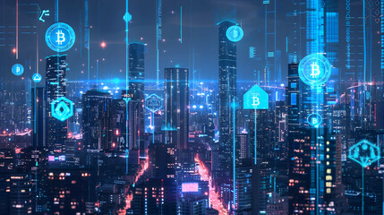 Obraz premium Futuristic Cityscape with Cryptocurrency Symbols Illustration