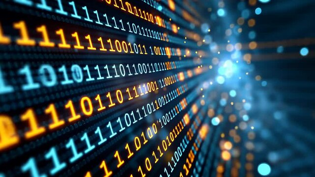 Futuristic Digital Binary Code Background with Glowing Lights and Bokeh Effect, Perfect for Technology, Data Analysis, Cybersecurity, and Blockchain Themes