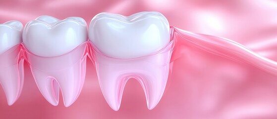 A close up of a person's teeth with pink background