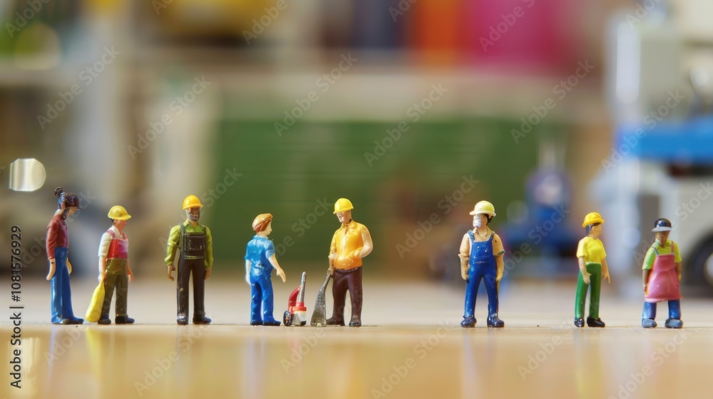 Poster miniature figurines portraying diverse abilities and skills against a softly blurred workshop backdr