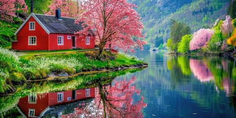 Traditional Red Norwegian Houses by a Fjord with Blossoming Trees in Spring
