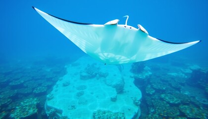 Manta ray gliding overhead in clear water