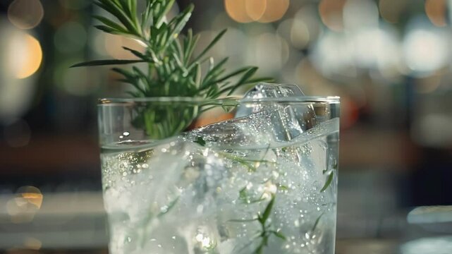 Sparkling gin and tonic cocktail is presented, adorned with fresh rosemary and ice, resting on a bar counter. The blurred background hints at a lively atmosphere