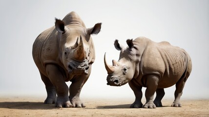 Fototapeta premium crash of rhinos, a mother rhino and a young rhino standing together on a white background