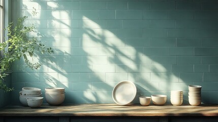 Rustic kitchen counter with white bowls, plates, and wooden surface with a light blue tiled wall with natural light.
