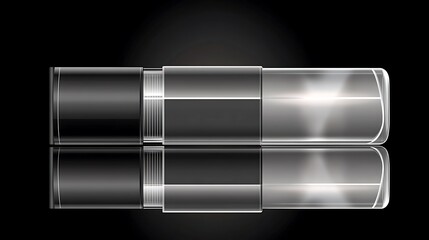 Two black and silver cosmetic containers with a reflection.