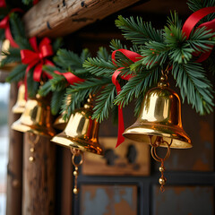 Golden bells adorn a festive garland for holiday celebrations, photography of still life concept.