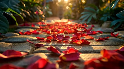 Red rose petals scattered on a cobblestone path, soft evening light. Romantic gesture concept. Design for wedding planners, romantic events, Valentine's Day promotions.