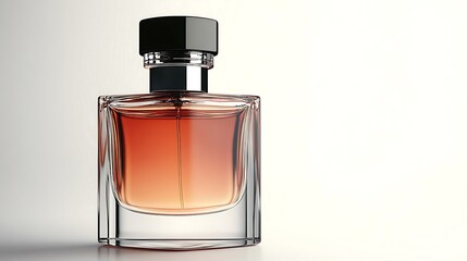 Glass bottle of perfume with a black cap and a brown liquid inside, isolated on a white background.