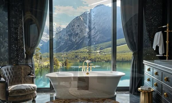 Hollywood Glam bathroom with luxurious finishes, opulent details, and a view of a scenic mountain range