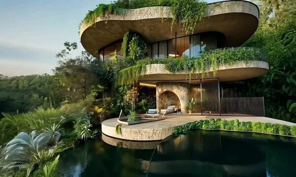 Elegant interior in an organic home built into a hillside, with living exterior and vertical gardens, featuring a view of peaceful countryside with a meandering river