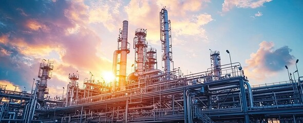 A modern industrial plant with steel pipes and equipment. View of the production line from the outside. An energy production or petrochemical industry concept