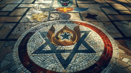 Obraz premium Religious tolerance symbolized by a mosaic of diverse religious symbols on a courtyard floor, Reflecting unity amidst spiritual diversity, photography style