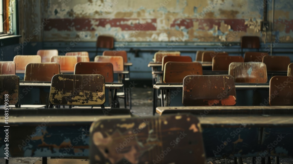 Poster rows of empty school desks in a neglected classroom, symbolizing the educational challenges in under