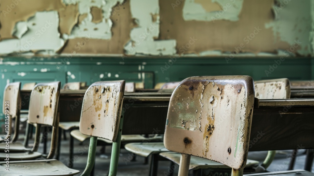 Poster rows of empty school desks in a neglected classroom, symbolizing the educational challenges in under
