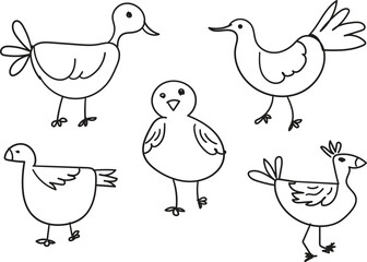 set of child hand drawn art of birds. 