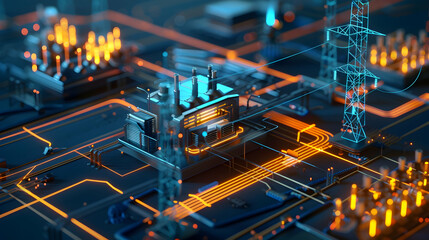 Abstract 3D Render of Industrial Complex with Glowing Lines