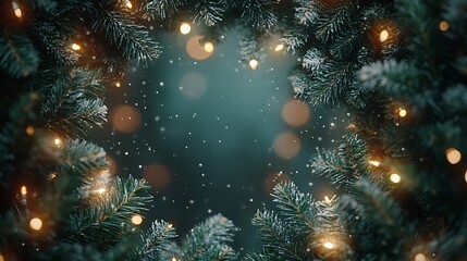 Fototapeta premium A Christmas garland border of evergreen branches and white lights, framing a central blank space, soft lighting, festive atmosphere, hd quality, high detail. --ar 16:9