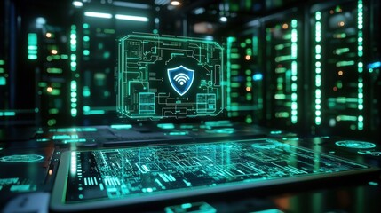 Secure wireless technology icon on holographic screen in data center with advanced cybersecurity interface