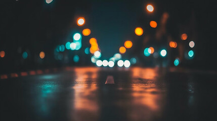 Abstract view of city lights reflecting on wet asphalt street.