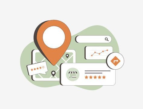 Local search marketing concept showing location-based marketing, reviews, business ratings and map listings. Small business SEO, local listings and targeted advertising isolated vector illustration