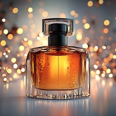 Glass bottle of perfume with golden liquid in front of a bokeh background.