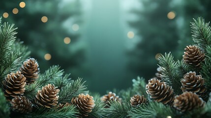 A festive border made of pine cones and evergreen branches, creating a decorative frame around a blank copy area, soft holiday glow, hd quality, detailed and realistic. --ar 16:9