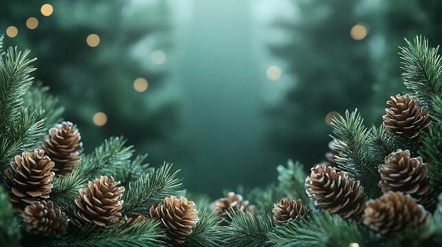 A festive border made of pine cones and evergreen branches, creating a decorative frame around a blank copy area, soft holiday glow, hd quality, detailed and realistic. --ar 16:9