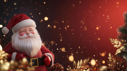 Santa claus 3D model stand,Christmas greeting card for new year,dark red background.