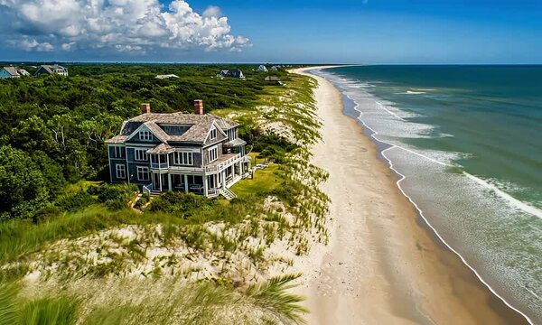 Classic Cape Cod house on a coastal dune, offering a sweeping view of a sandy beach and clear blue ocean