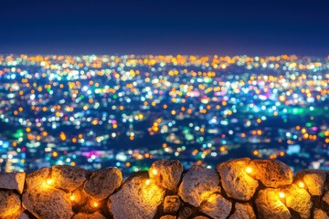 A vibrant city skyline illuminated by colorful lights at night, viewed from a rocky ledge.