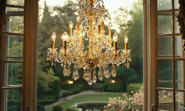 Contemporary chandelier in a futuristic home on a raised ridge, with smart glass and renewable energy sources, showcasing a view of sprawling meadows with grazing wildlife